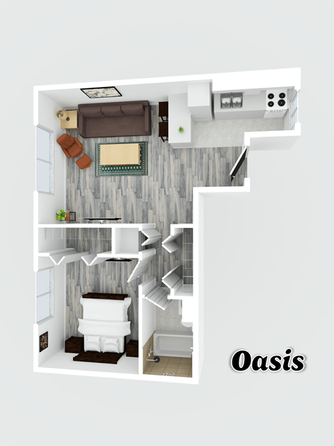 Floor plan for 1 bed, 1 bath, 620 sqft